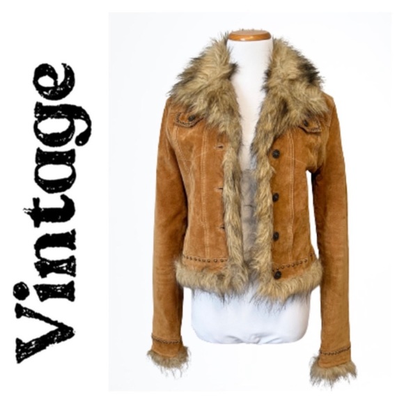 Vintage Jackets & Blazers - VINTAGE Suede Fur Crop Leather Jacket Coat Size XS